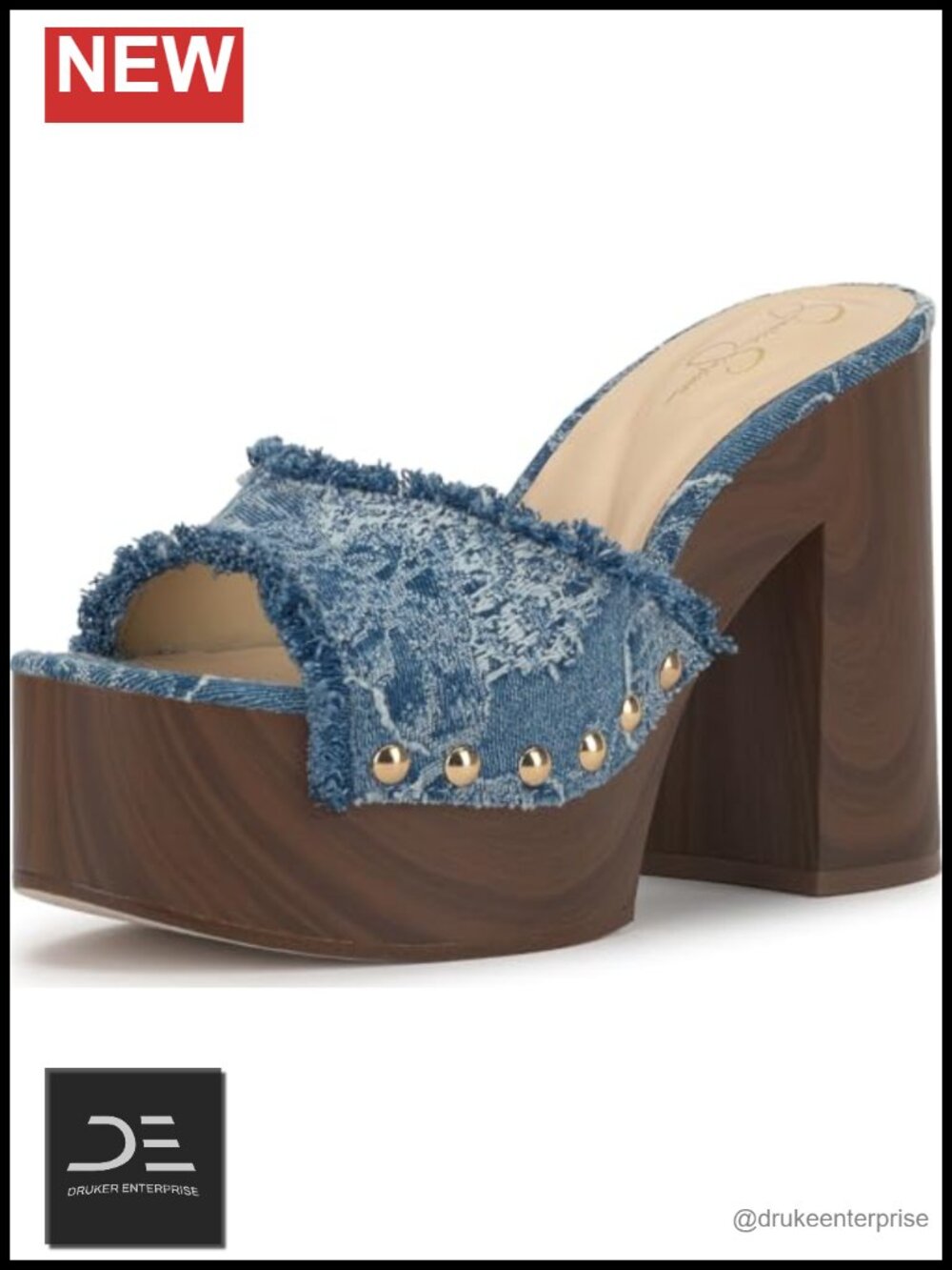 Denim Platform Slide Sandals Block Heel Peep Toe